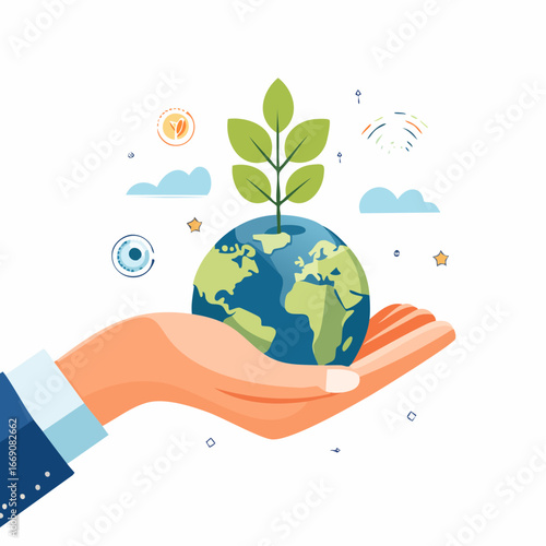 Hand Holding Earth With Plant Illustration