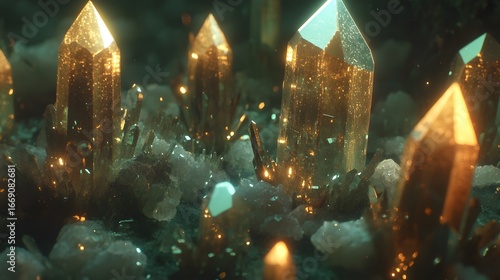 Luminous Golden Crystals Cluster Mystical Gemstones