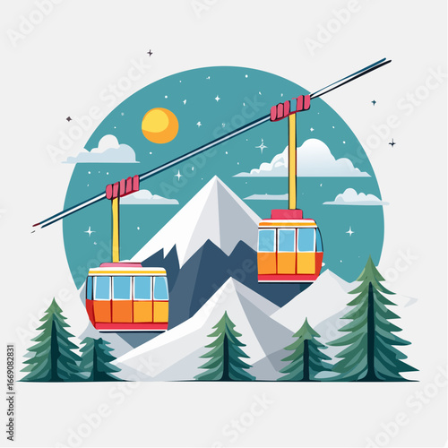 Colorful Mountain Cable Cars at Night