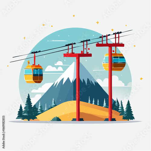 Colorful Flat Design Illustration Of Mountain Cable Car