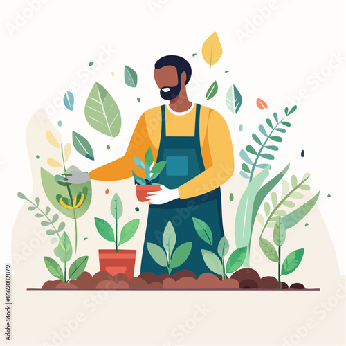 Man Watering Plants In Garden Illustration
