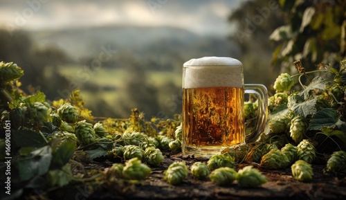 Fresh beer mug amidst hops, scenic valley background.  Autumn harvest