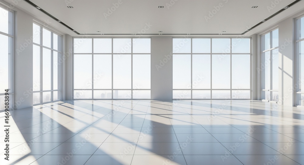 Fototapeta premium A bright, empty room with large windows and a tiled floor.