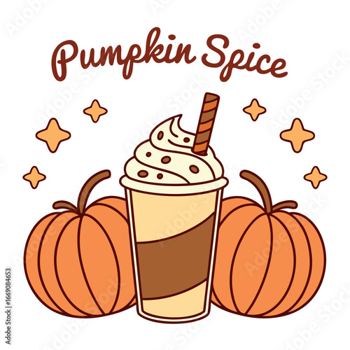 Sweet pumpkin spice beverage sits with two pumpkins, surrounded by stars with transparent background