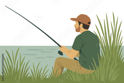 A person is seated beside a peaceful, mist-shrouded river, holding a fishing rod, enveloped by the vivid hues of autumn and a contemplative silence