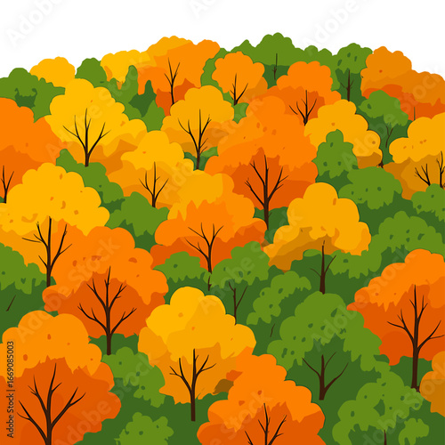 A photo pattern featuring autumn trees with a seamless blend of yellow and green colors provides camouflage
