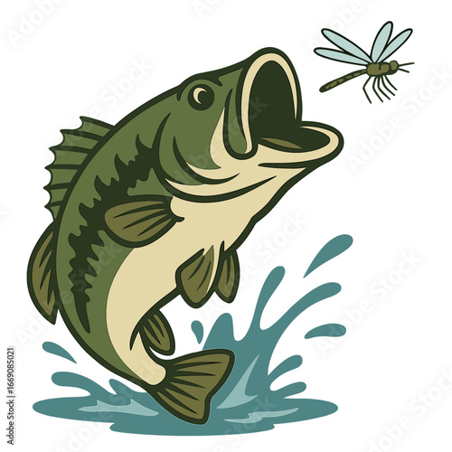 A perch leaps from the water in pursuit of a dragonfly, surrounded by splashes, predator fish, and scenes of hunting and fishing, set against a backdrop suitable for design