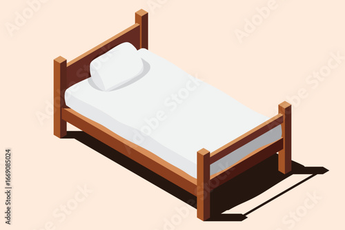 Isometric wooden bed with mattress. Isometric single bed. Wooden bed frame with mattress and pillow. Isometric bedroom furniture