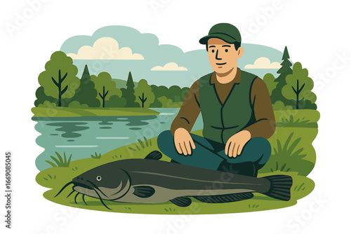 A fisherman is shown grasping a massive catfish, representing a notable catch from freshwater fishing, with the catfish being a monster fish