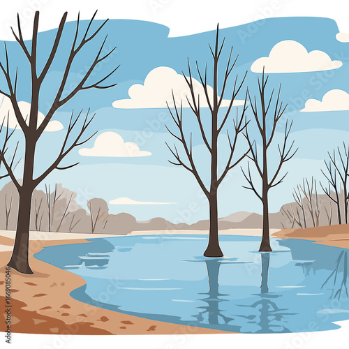 Late autumn shoreline featuring coastal trees and puddles