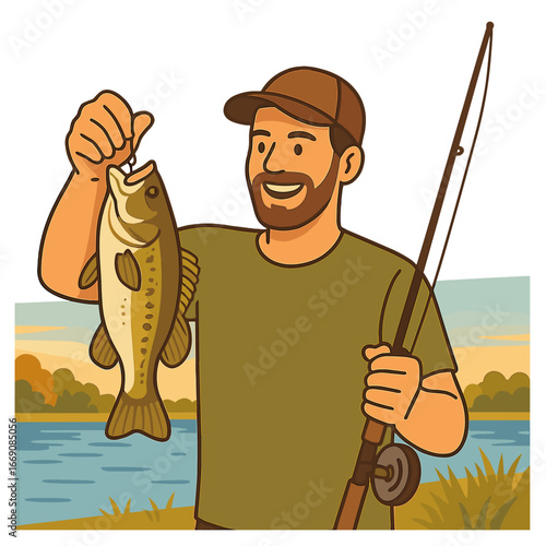 A fisherman standing by the river with a rod and catch, with available space for adding text, ideal for a banner design