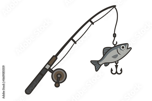 A fishing rod equipped with bait and a reel, set against a natural backdrop, suitable for use as a  photo representing fishing and outdoor pursuits
