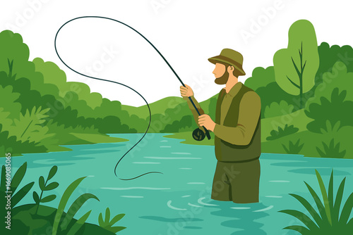 A fisherman strolls along a wild river, surrounded by a breathtaking forest scene with vibrant reflections on the water, as he spends his fishing day hunting for trout and seeking solitude in the