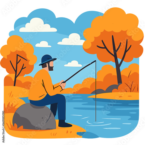 By the riverside, a fisherman casts his line while enjoying a recreational pursuit
