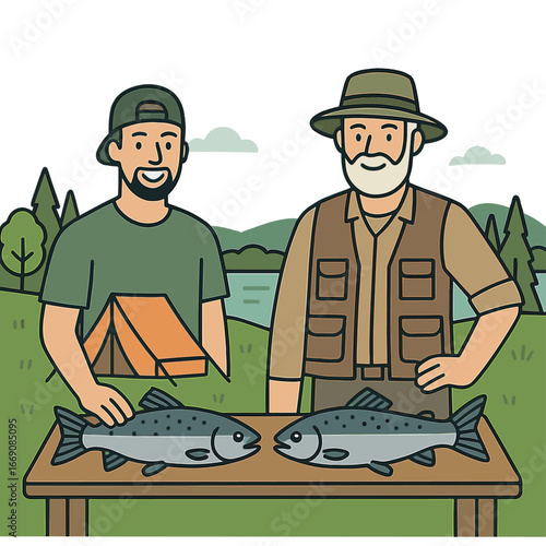 Two fishermen proudly show off their newly caught brown trout