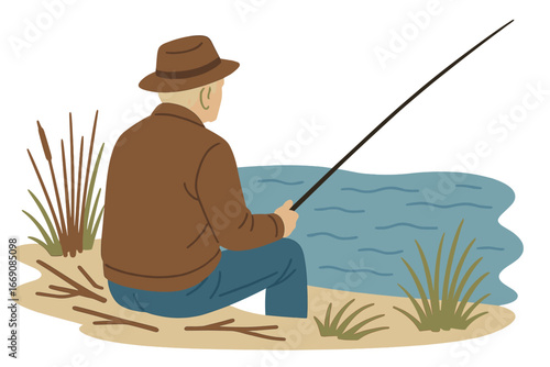 An elderly fisherman is seated by the water's edge with a fishing rod, viewed from behind, as he fishes along the riverbank in the spring