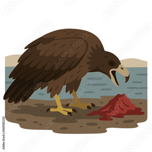 The largest eagle in Europe, the white-tailed eagle, also known as Haliaeetus albicilla, is depicted as a majestic bird of prey tearing apart a killed carp, Cyprinus carpio, on the shore of a lake
