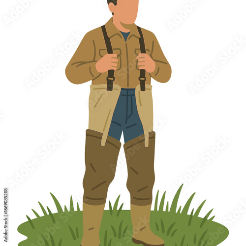 A young and handsome man wears a waterproof outfit for a hunting or fishing trip on a cool autumn day