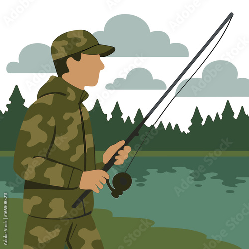 An angler wearing camouflage attire is fishing using a spinning technique