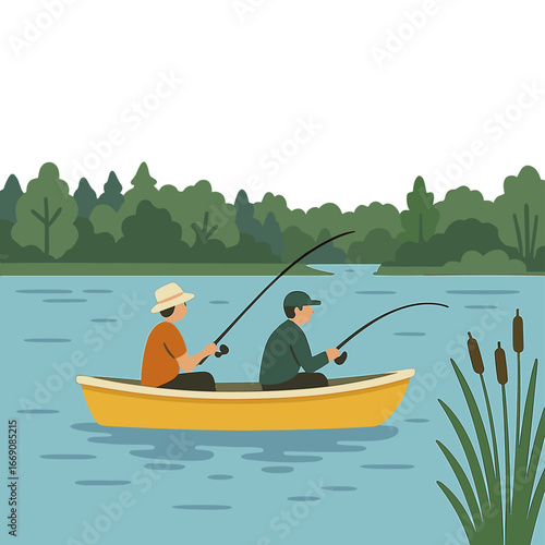 Two fishermen are on a steel motor boat on the Don river in the Rostov-on-Don region of Russia during early springtime