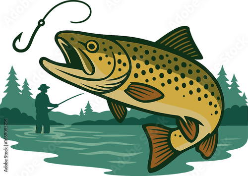 A breathtaking image of a trout breaking the water's surface in a peaceful river, exemplifying the allure of nature and the excitement of angling, set against a backdrop of autumnal hues and lush