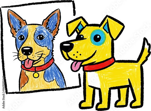 Dog Posing with its Own Crayon Portrait