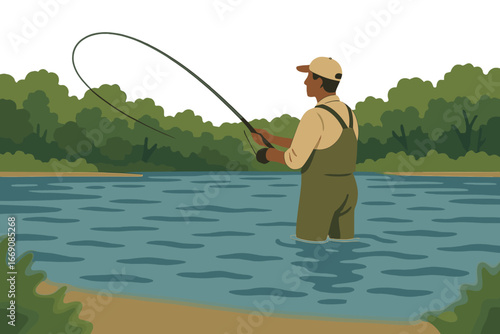 An angler practicing the art of fly fishing on a magnificent river nestled in the mountains