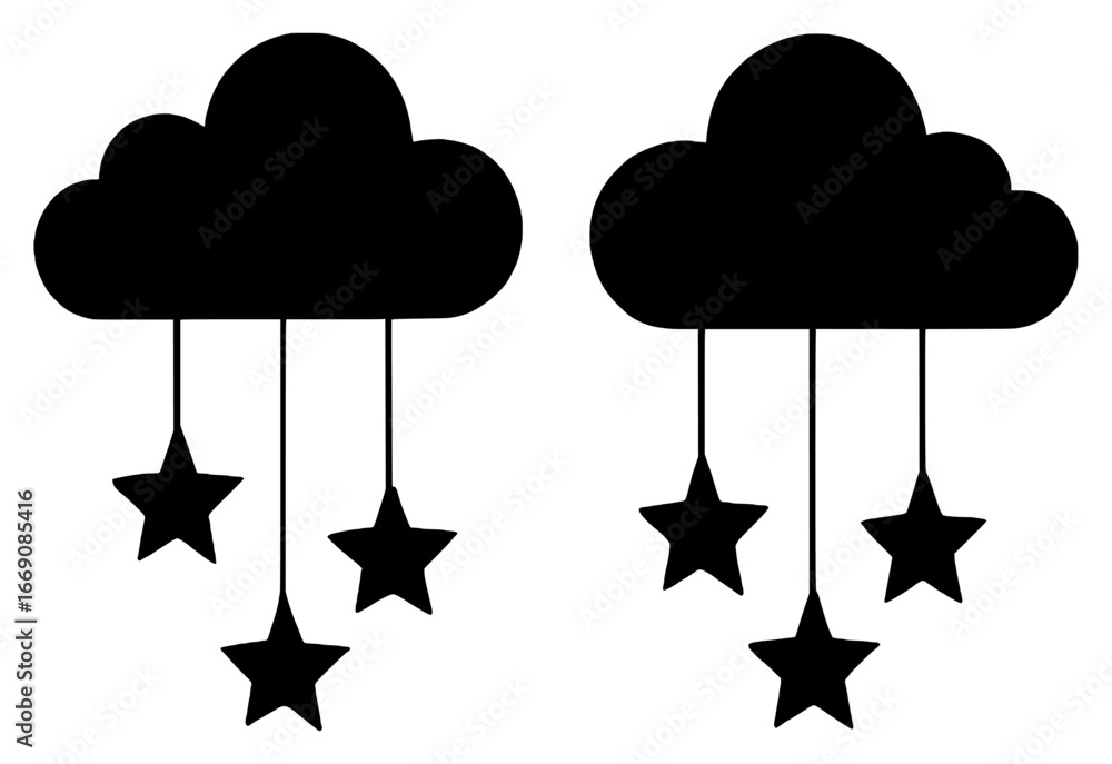 Fototapeta premium Silhouettes of Cloud-shaped Mobile Hangings with Stars