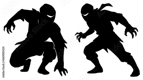Silhouettes of Two Ninja Figures in Action