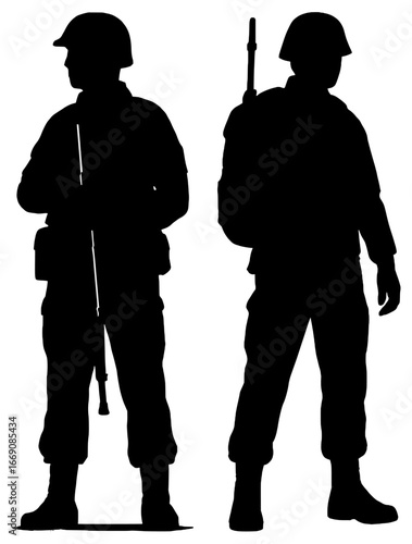 Silhouettes of Two Soldiers Holding Weapons, Isolated on White Background