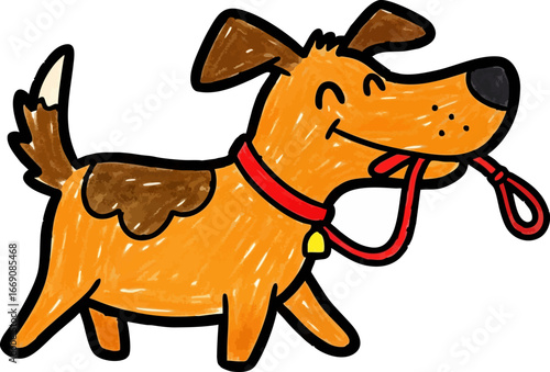 Dog Walking Itself with Leash in Mouth