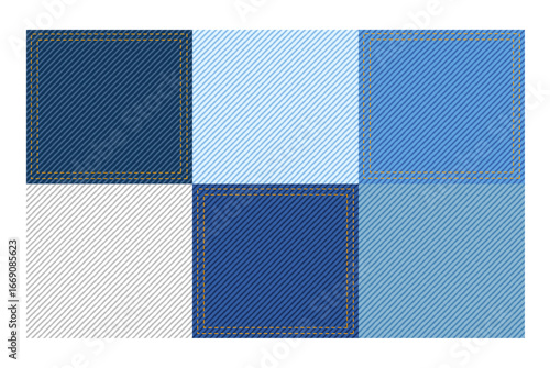 Set of Light dark ski blue denim seamless swatches fabric geometric pattern texture background striped vector fashion illustration. Flat apparel color