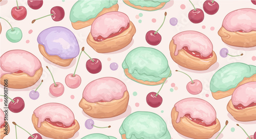 Cherry popover period vector seamless pattern of pastel cream puffs and cherries for dessert themed backgrounds and designs, food illustration
