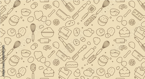 Cherry popover period vector seamless baking pattern with kitchen utensils and baking ingredients for culinary themed backgrounds design