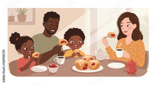 Cherry popover period vector family breakfast illustration of parents and children eating pastries and drinking coffee together smiling