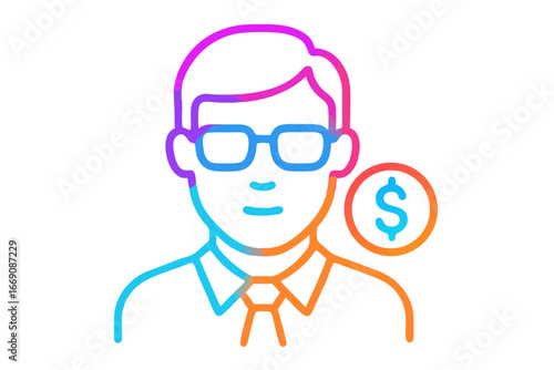 Financial Professional's Portrait: A modern graphic illustration depicts a business person with glasses, and a dollar sign, capturing finance and financial expertise.