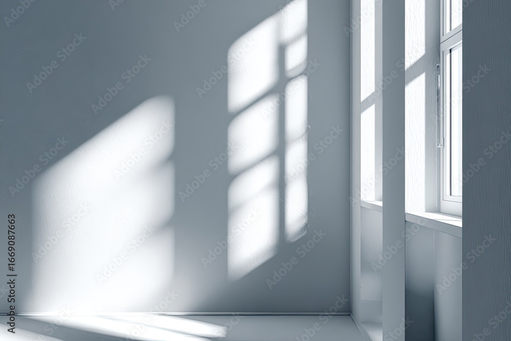 Fototapeta premium Sunlight streams into empty room, illuminating corner, creating shadows; ideal for design mockups