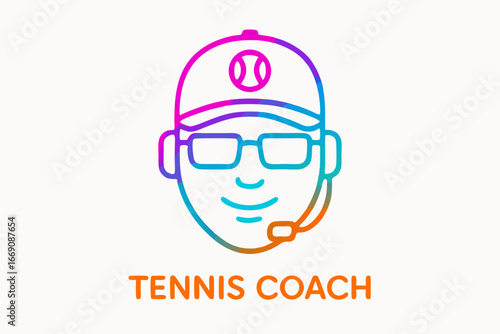 Tennis Coach Icon: A stylized, modern icon of a tennis coach, complete with cap, glasses, and headset, showcasing professionalism and a passion for the sport.