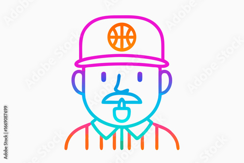 Basketball Referee Icon: A minimalist line drawing of a basketball referee in vibrant gradient colors, with a whistle and cap. A symbol of fairness and sportsmanship.