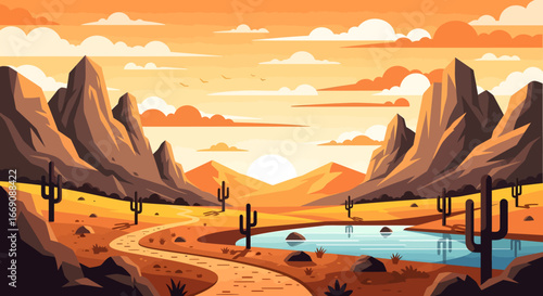 Minimalist Flat Style Desert Landscape with Mountains and Cacti Illustration