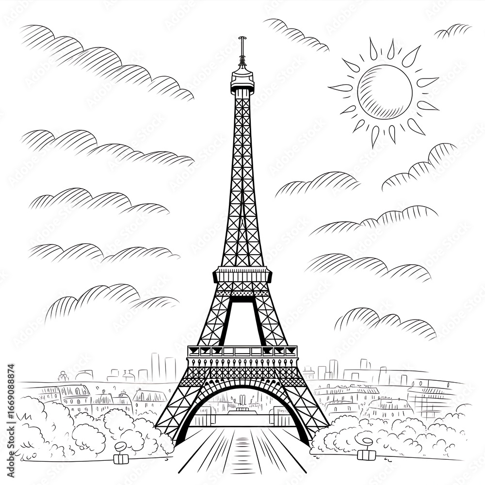 Obraz premium Eiffel Tower hand drawn sketch Paris cityscape with clouds and sun artistic illustration landmark European travel architecture design vector illustration black and white image