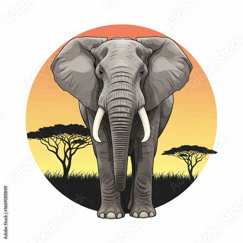 Elephant standing with savanna circle background illustration