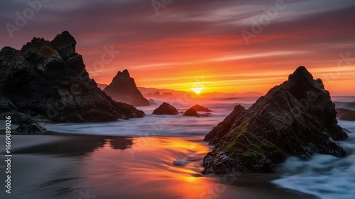 Sunset view of rocky beach orange sky Rocks jut from the sand and surf