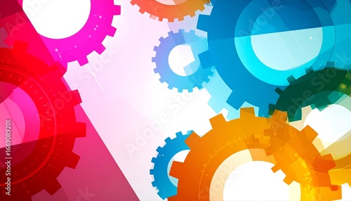 A vibrant display of interlocking gears in a dynamic abstract design, featuring a spectrum of bright, translucent colors, including orange, blue, pink, and red.