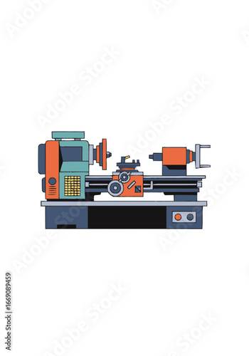 Illustration of a Lathe Machine in Orange, Blue, and Black