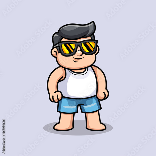 Cartoon Character in Sunglasses and Shorts Posing Confidently on Light Purple Background