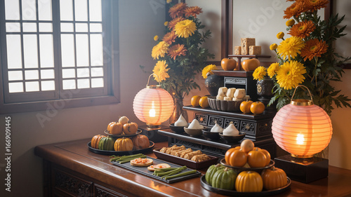 Chuseok ancestral altar with offerings in vibrant autumn setting, inviting presentation, copy space