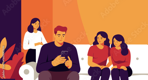 Family members using phone in warm colored living room vector illustration 