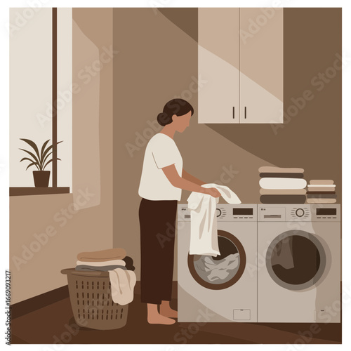 Woman doing laundry at home with modern machines in soft neutral tones