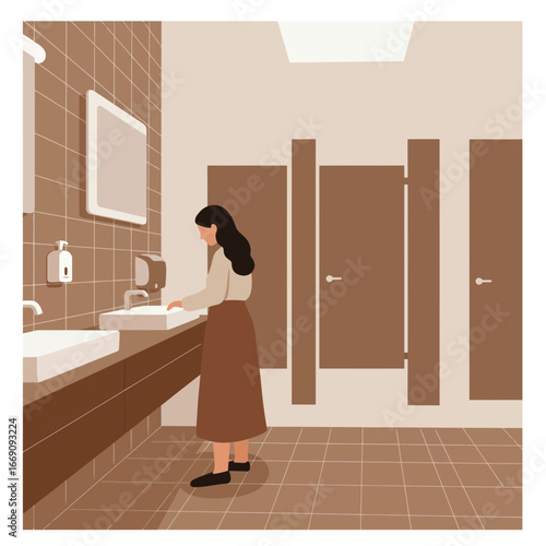 Woman washing hands in public restroom, maintaining hygiene practices today